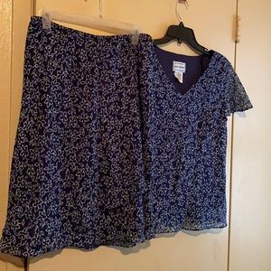 Karin Stevens 2-pc skirt and blouse flower pattern navy blue size: 12